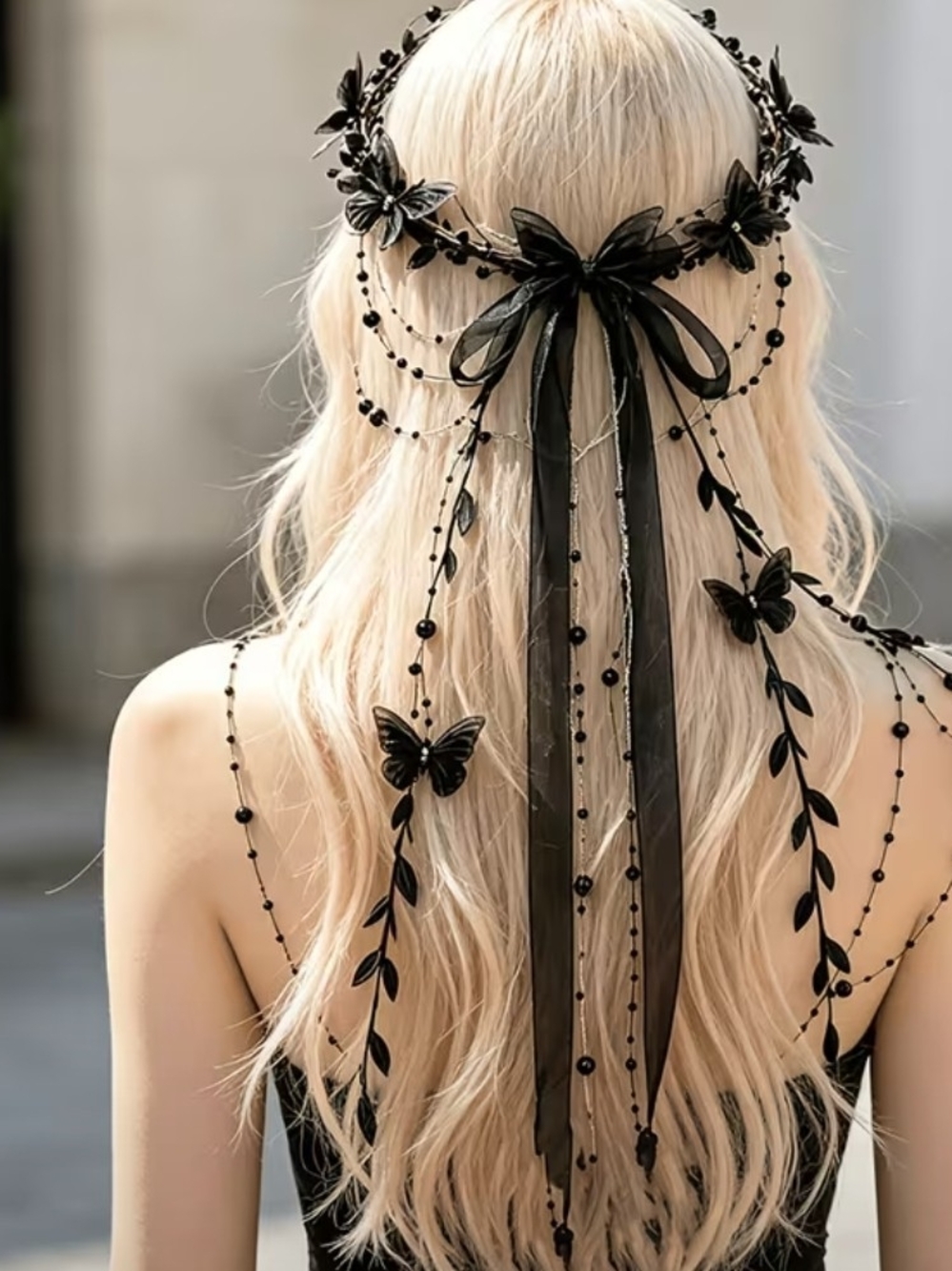 Black Butterfly Vine Hair Crown with Beaded Ribbons - Women Accessories
